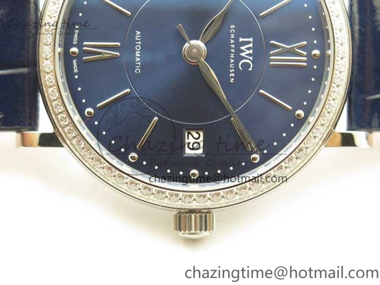 MIROTIME 0429 Portofino 37mm SS V7F 1:1 Best Edition Blue Dial Diamonds Bezel on Blue Leather Strap A Chic 7093